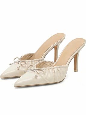 Amazon Cream Pointed-Toe Slip-On Heels with Bow Accent